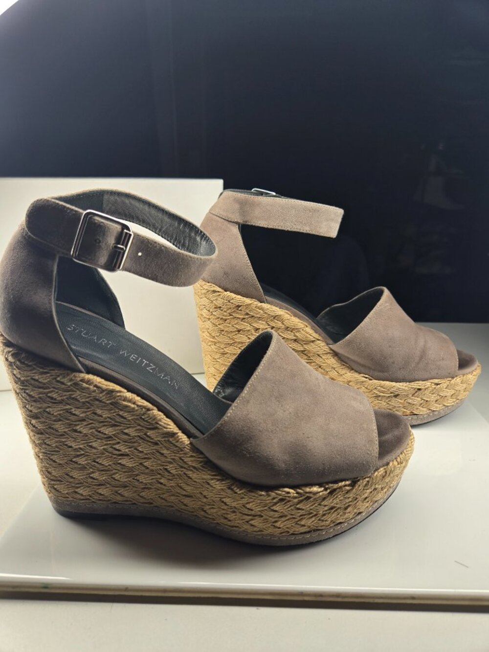 Stuart Weitzman Taupe Suede Espadrille Wedge Sandals 👡✨